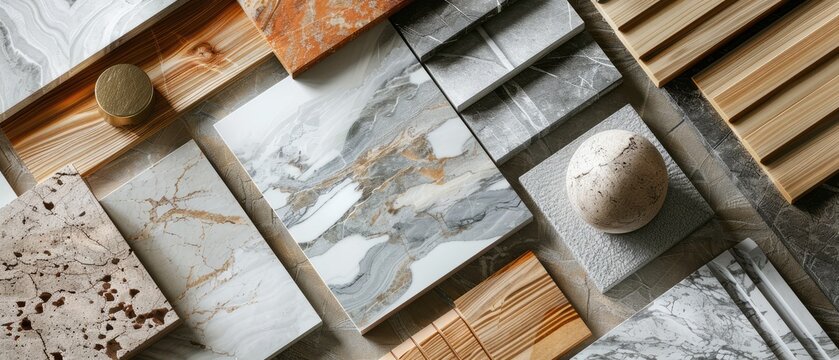 aterial sample moodboard for interior design featuring premium surfaces like marble wood and stone