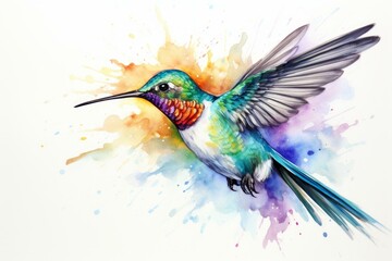 Artistic illustration of a colorful hummingbird with watercolor splashes