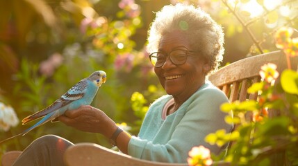 Elderly African American woman enjoying time with a pet parakeet parrot in a garden. Concept of senior lifestyle, pet care, relaxation outdoors