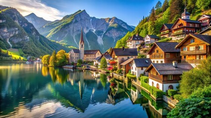 Naklejka premium Scenic mountain village nestled by a crystal-clear lake in the Austrian Alps, Altaussee, Austria, village, mountain, lake