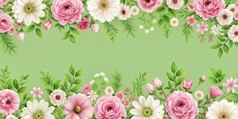 Seamless green background with pink and white flowers, floral, nature, spring, vibrant, seamless, texture, botanical