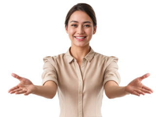 Mulher com sorriso radiante e mãos estendidas, convidando o público a se envolver. ideal para ilustrações sobre negócios, comunicação, marketing e vendas