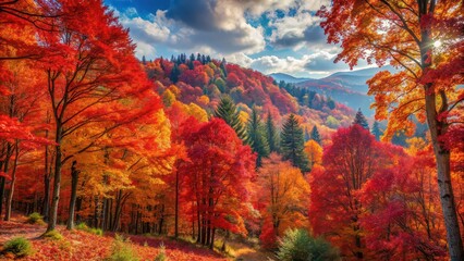 Fototapeta premium Majestic red forest with vibrant autumn foliage , nature, trees, foliage, autumn, red, vibrant, beauty, landscape
