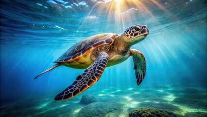 Obraz premium Masterful sea turtle swimming gracefully in the ocean, sea turtle, ocean, wildlife, marine life, underwater, majestic, graceful