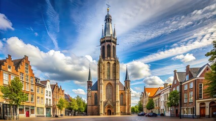 Naklejka premium Protestant church with a tall tower in Delft, Netherlands, Nieuwe Kerk, market square, historic, landmark, architecture