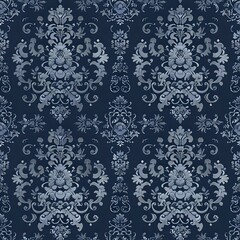 Symmetrical Floral and Leaf Motif Damask Wallpaper