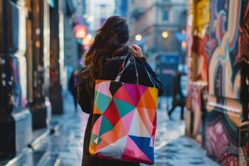 Woman Walking in City Street with Colorful Bag