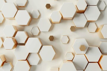 3d render of simple hexagon shapes, white background, beige and gold color palette, minimalist design, 