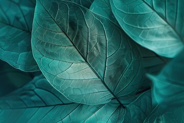 Obraz premium A closeup of transparent leaf veins in various shades of green and blue, with subtle light reflections creating an abstract pattern. 