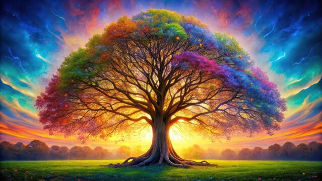 Majestic tree of life with intricate branches and vibrant colors, Tree, life, growth, spiritual, connection, nature, harmony
