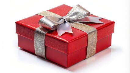 Red Christmas gift box with shiny bow, isolated on white background, red, Christmas, gift, box, shiny, bow, present