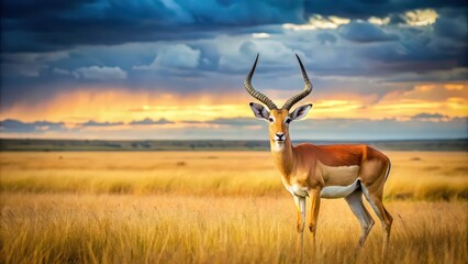 Majestic antelope standing in the vast savannah , wildlife, nature, African, landscape, safari, grassland, herbivore, horned