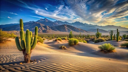 Obraz premium Sandy desert landscape with cacti and mountains in the background, desert, landscape, sand, cacti, mountains, arid, dry, heat
