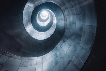 Naklejka premium Futuristic spiral staircase, monochrome tones, architectural design, dramatic perspective, modern structure, artistic photography, geometric patterns, depth and symmetry, abstract form.