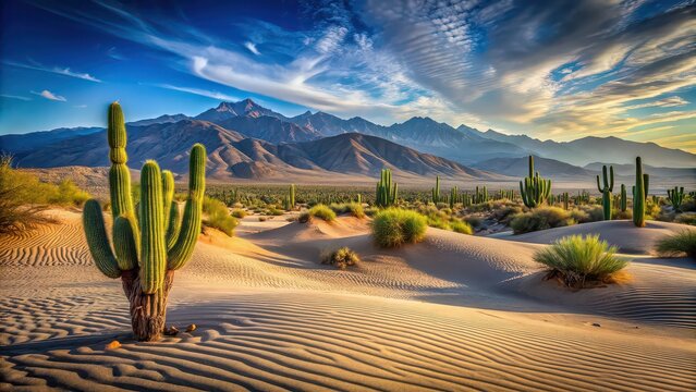 Sandy desert landscape with cacti and mountains in the background, desert, landscape, sand, cacti, mountains, arid, dry, heat