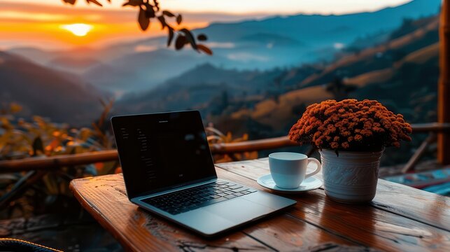Digital nomad blogging from a mountain cafe, inspiring remote work with breathtaking views