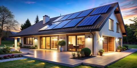Modern home with photovoltaic panels on the roof, illuminated by precise lighting, modern, home