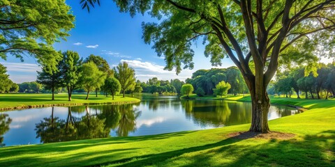 Fototapeta premium Peaceful view of a serene park with lush green grass, towering trees, and a tranquil lake , nature, landscape, water, park, grass