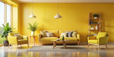 Minimalistic living room decorated in yellow tones for a bright and cozy atmosphere, minimal, decor, style, simplicity, yellow