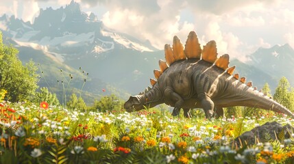 Naklejka premium Vibrant illustration of a Stegosaurus in a prehistoric landscape. Concept of dinosaurs, ancient wildlife, nature, educational content, dinosaur