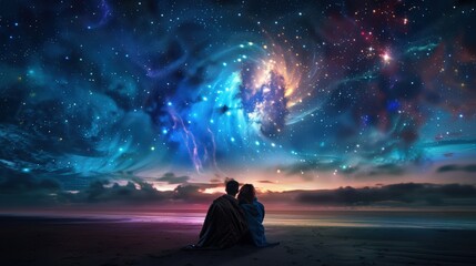 Fototapeta premium A couple is sitting on the beach, looking up at the stars. The sky is filled with stars and the couple is wrapped in a blanket, enjoying the peaceful moment