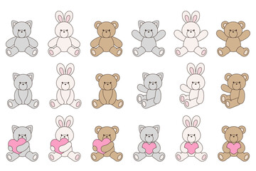 かわいいくまとうさぎとねこのぬいぐるみのベクターイラスト　アイコン　セット　ハート　動物