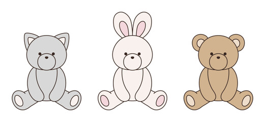 かわいいくまとうさぎとねこのぬいぐるみのベクターイラスト　アイコン　セット　動物	