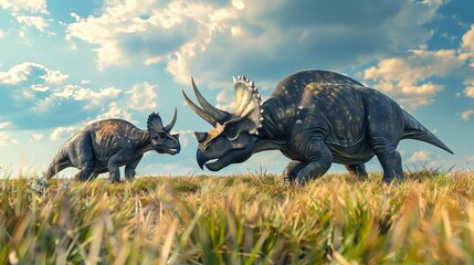 Triceratops dinosaurs on grassy plains under a cloudy sky. Concept of prehistoric wildlife, nature,...