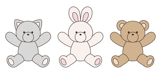かわいいくまとうさぎとねこのぬいぐるみのベクターイラスト　アイコン　セット　動物	