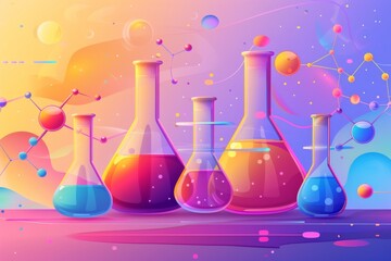 Bright laboratory glassware with colorful liquids, scientific illustration, modern design, educational and creative, vibrant and engaging, chemistry-themed artwork.