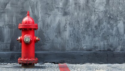 A bright red fire hydrant isolated against a simple, urban backdrop