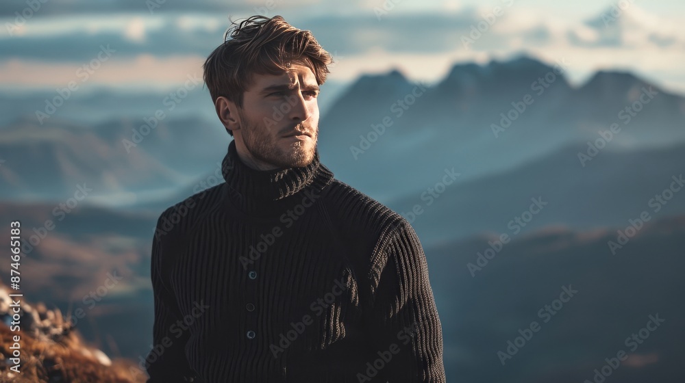 Canvas Prints A man wearing a black sweater stands on a mountain top