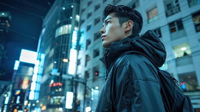 A man wearing a black jacket and backpack stands in front of a tall building
