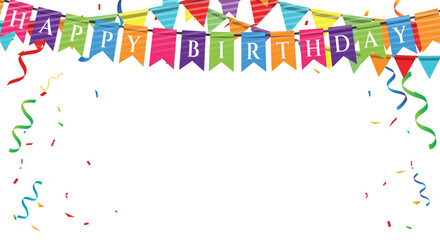 colorful happy birthday border frame with confetti and flag. Happy birthday vector transparent background