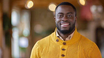 Obraz premium A man with a beard and a yellow sweater is smiling
