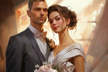 Portrait of a sophisticated bride and groom in a romantic setting