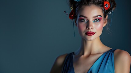 Naklejka premium A woman with a blue dress and red flowers in her hair