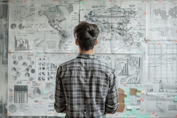 Person analyzing data charts and maps pinned on a wall, reflecting on global trends and statistics, seen from behind.