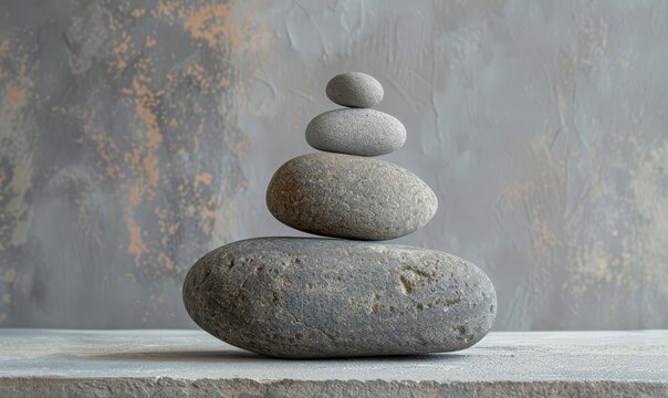 A conceptual piece featuring smooth stones stacked in an impossibly balanced arrangement