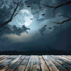 A wooded area with a full moon and bats flying in the sky