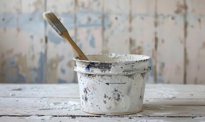 A lone metal bucket filled with fresh white paint, with a brush across the top