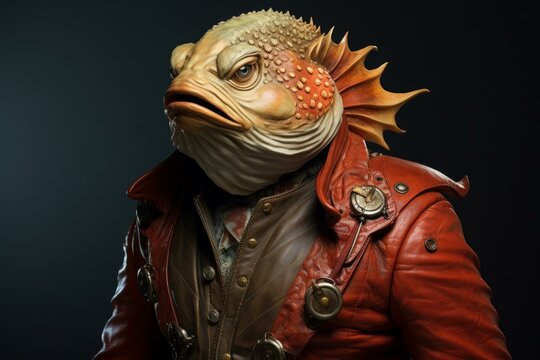 Creative steampunk-inspired fish humanoid wearing a stylish vintage leather jacket poses confidently