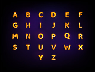 Yellow 3d font. English alphabet on a dark background. Set of 3d shining vector letters