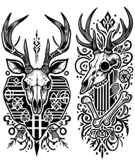 Obraz premium TRIBAL TATOO トライバル タトゥ 刺青 和柄 鹿 deer マーコール MARKHOOR Hunting Trophy ハンティング トロフィー