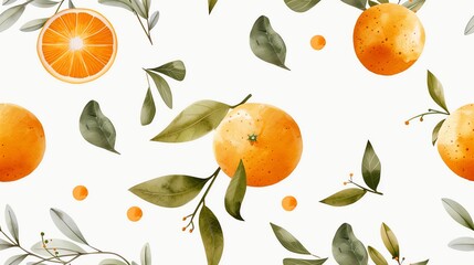 Seamless pattern of watercolor oranges and green leaves on white background, perfect for kitchen decor, textiles, and invitations.