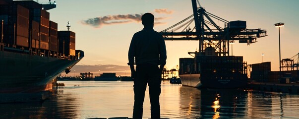 Fototapeta premium Silhouette of a man at a port directing the loading of shipping containers onto vessels representing international trade