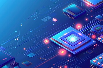 A blue gradient background with an isometric illustration of the chip and circuit floating in space, featuring glowing lights