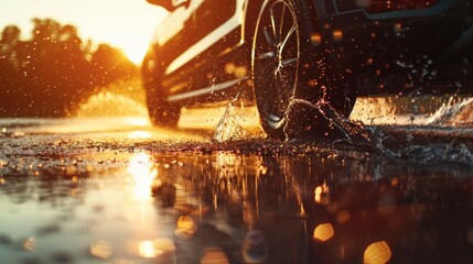 Car Driving Through a Puddle at Sunset