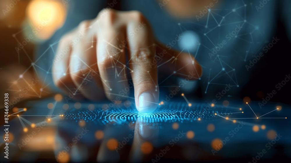 Poster businessman touching digital fingerprint icon on tablet for biometric verification