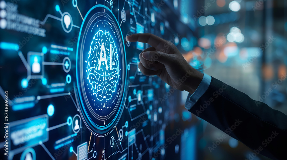 Poster businessman pointing at digital hologram of a brain with artificial intelligence